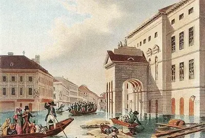 Dipinto d epoca ed incisione storica dell alluvione di Pest del 1838, con stradine cittadine completamente allagate, barche di salvataggio piene di persone e palazzi neoclassici circondati dall acqua.