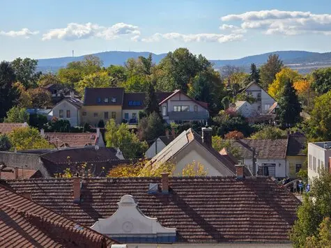 Vista panoramica sui tetti in tegole rosse delle case di Szentendre con colline alberate e cielo azzurro sullo sfondo.