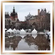 Castello di Vajdahunyad a Budapest con torri medievali e gotiche riflesso sull'acqua nel Parco Cittadino