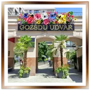 Ingresso decorato con fiori di Gozsdu Udvar nel quartiere ebraico di Budapest durante il giorno