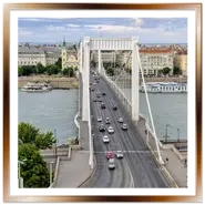 Vista panoramica dall'alto del Ponte Elisabetta (Erzsébet híd) bianco a Budapest, con il traffico automobilistico che scorre verso la sponda di Pest, battelli ormeggiati sul fiume Danubio e gli edifici storici sullo sfondo.