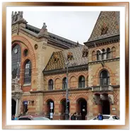 Facciata esterna in mattoni del Mercato Coperto Centrale di Budapest durante il tour di Pest e del Danubio.